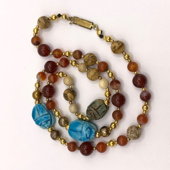 Carnelian Jasper Aqua Scarab Vintage Handmade Beaded Necklace J699 - Picture 4 of 11